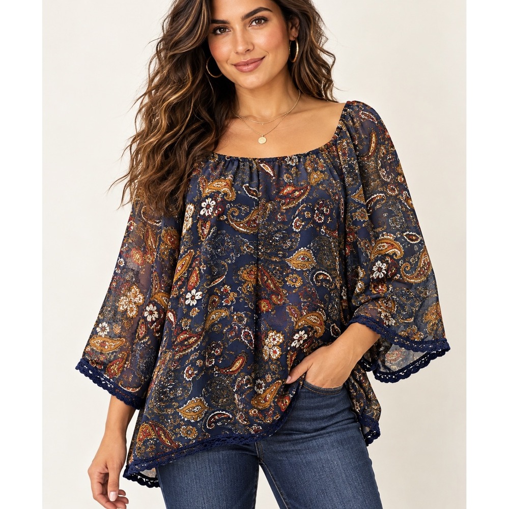 Navy Paisley Chiffon Blouse Boho Crochet Trim Hi-Low Hem Top Coquette Feminine